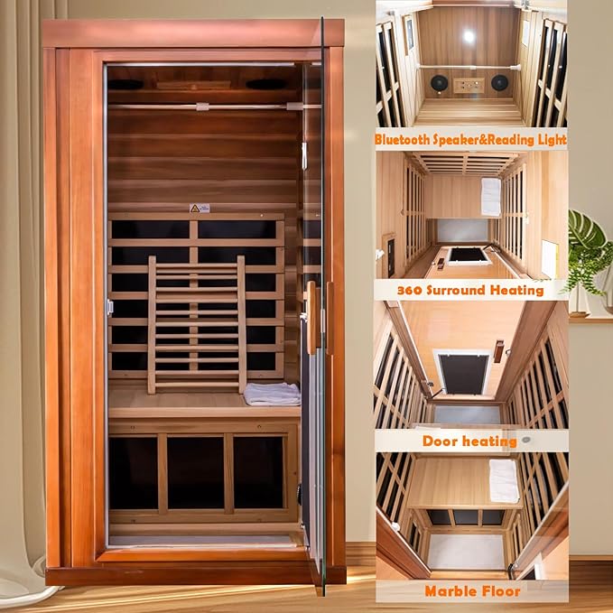 Red Cedar Personal Far Infrared Indoor Sauna Room, Indoor Sauna for Home Spa with Door Heating, 1350w, 8 Heating Plates, Bluetooth Speaker, Reading Lamp, Toughened Glass Door.
