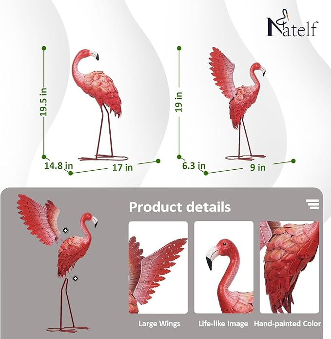 Natelf Pink Flamingo Garden Statues - Metal Flamingo Yard Art Decor, Weather-Resistant Outdoor Sculpture for Lawn, Patio, or Garden - Unique Gift for Women, Mom, Grandma