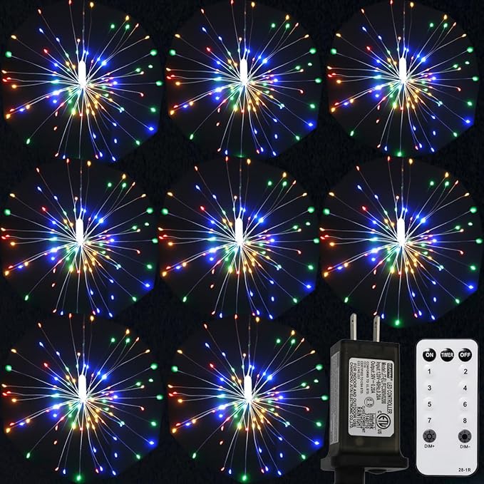 8 Pcs Total 800 LED Firework Copper Wire Lights, 8 Modes Fairy Twinkle Lights Plug in String Lights 1M/3.3FT Spacing Starburst Lights with Sagging Wire and Remote Control(Colorful)