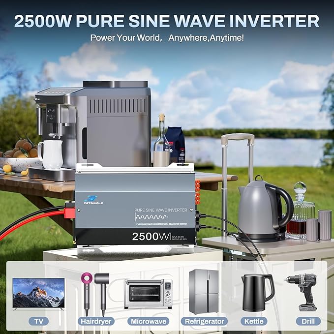 2500 Watt Pure Sine Wave Inverter with Auto Transfer Switch,12V DC to 110V 120V AC Converter,5000W Peak Power with 2 AC Outlets,USB Port,Tyep-C,Remote Control,RV Power Inverter for RV,Outdoor,Home