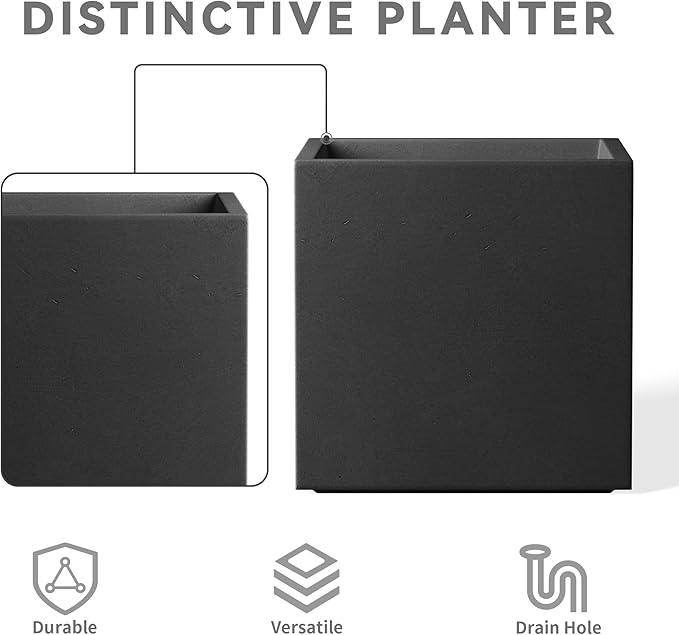 Kante 10 Inch Square Concrete Planter for Outdoor Indoor Home Patio Garden, Large Plant Pot with Drainage Hole and Rubber Plug, Black