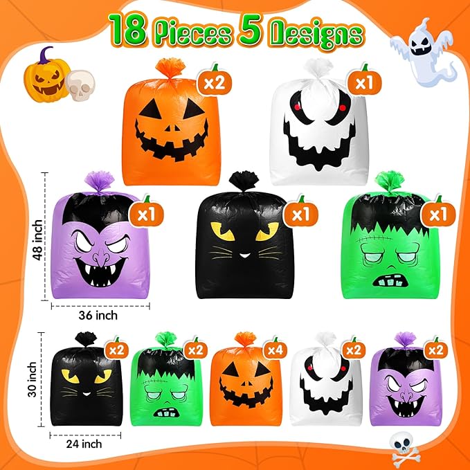 Qilery 18 Pcs Halloween Leaf Lawn Bags Plastic Pumpkin Trash Bags for Leaves with Twist Ties for Halloween Yard Garden Outdoor Party Favors Decorations