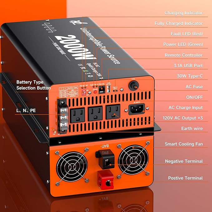 2000 Watt Sump Pump Battery Backup System, Pure Sine Wave Output, Professional Backup System in The Event of a Power Outage, Remote Controller with LCD Screen, Automatic Grid and Battery Switchover