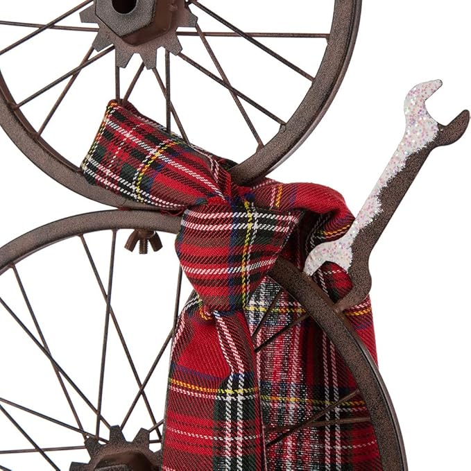 Glitzhome 33.98" H Metal Bike Wheel Snowman with Plaid Scarf Hat Porch Decor Metal Bicycle Garden Yard Decor Christmas Indoor Outdoor Decorations
