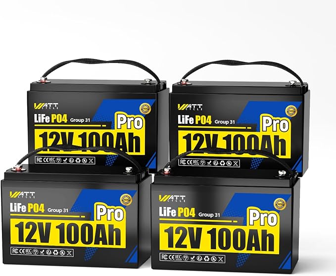 Wattcycle 4Pack 12V 100Ah LiFePO4 Lithium Battery, BCI Group 31,Deep Cycle Up to 15000 Cycles, 110A BMS, Low Temperature Protection, 10 Years Lifespan, Perfect for RV/Home Energy Storage