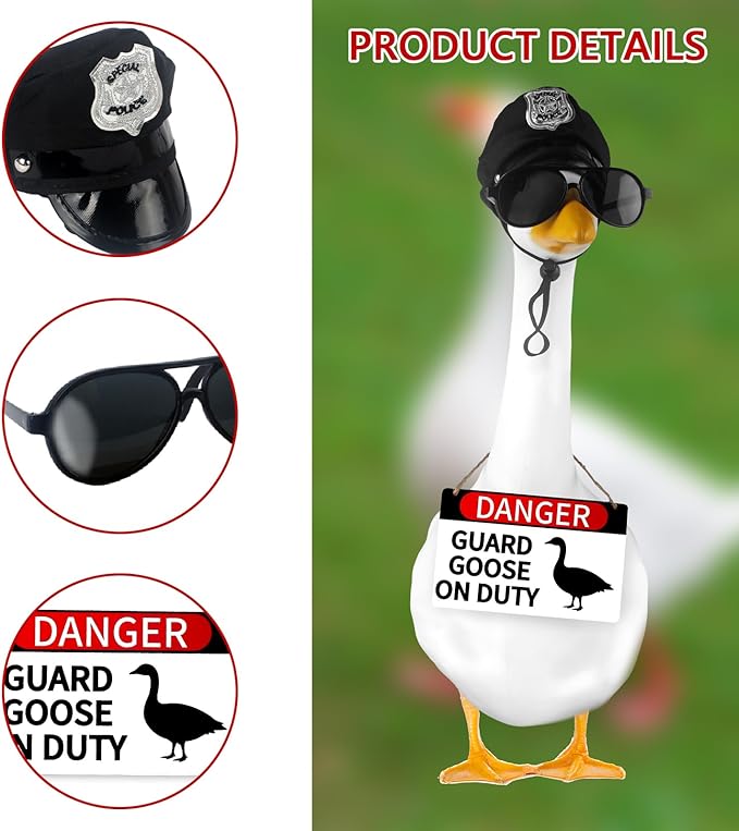 CAMDUCK 3 Pcs Porch Goose Accessories Porch Goose Sign Goose Police Hat Eyeglasses Wooden Gooses Warning Sign Danger Guard Goose on Duty Warning Sign Goose Outfits Decor for Yard Porch Lawn