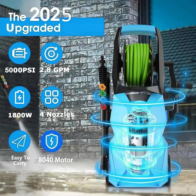 Pressure Cleaner 5000 PSI,2.8 GPM Power Cleaner with Foam Cannon,Portable Cleaner with 33ft Hose Reel,4 Nozzle Tips,and Soap Bottle for Cars/Home/Driveways/Patios/Decks/Fences(Light Green)