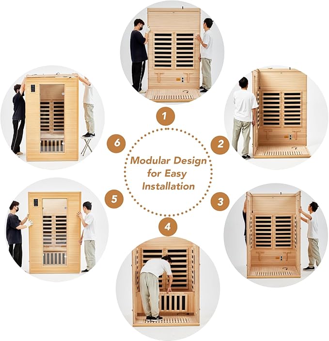 Garvee 2025 Upgrade 1 to 2 Person Sauna, 6 Heating Plate Infrared Physical Therapy Wooden Dry Steam Sauna, Low EMF, MP3 Auxiliary Connection, Dual Controls Inside and Outside Fits, Home Spa Day Use