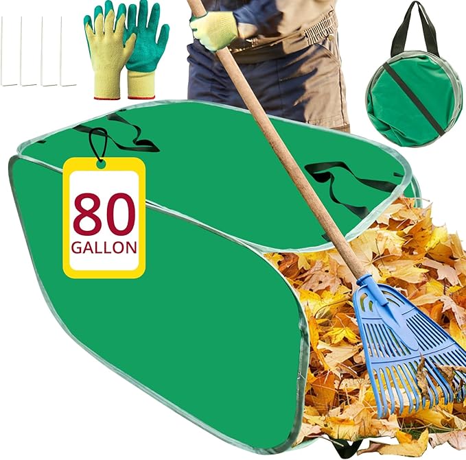 PUNCHMAN Leaf Collector - 80 Gallon Pop up Foldable Leaf Bags with Handles, Collapsible Trash Can for Leaf Clean up and Picker, Reusable Yard Waste Bags with Golves, Garden Tools