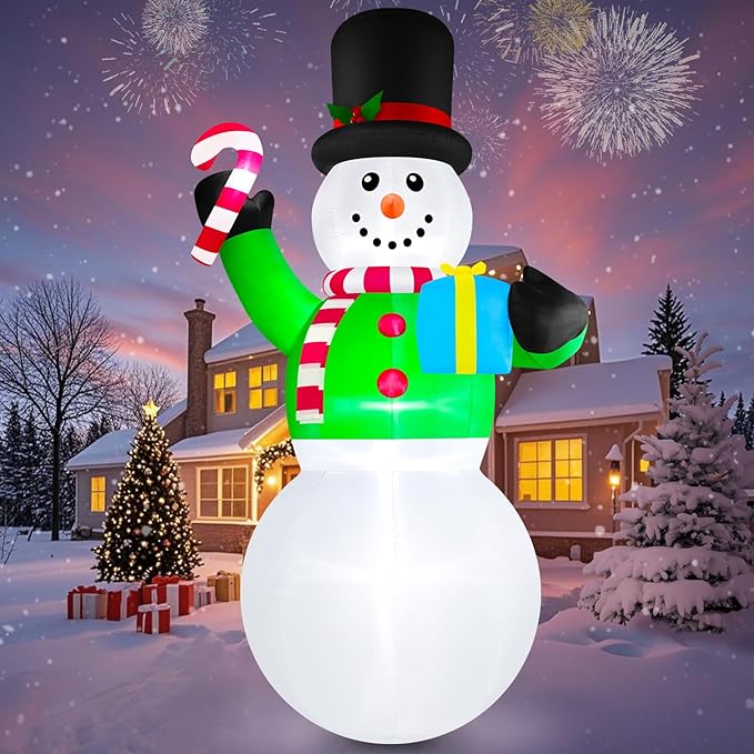 Danxilu 12ft Tall Christmas Inflatables Snowman Decorations Outdoor Giant Blow Up Candy Cane Yard Decor Large Merry Xmas Blowups Snow Man with Led Lighted for Front Outside Lawn Holiday Vacation Party