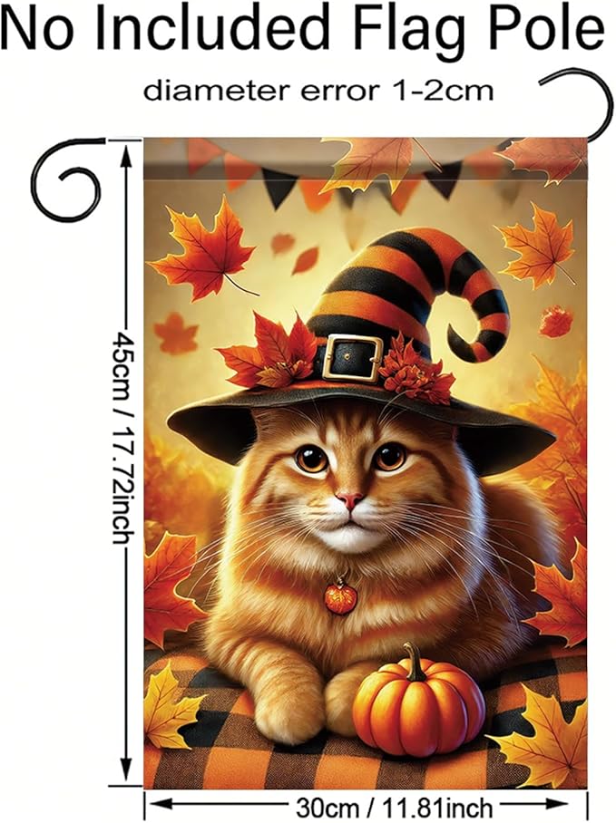 Halloween Fall Garden Flag Orange Cat with Pumpkin Hat Flag 12x18 Inch Double-Sided Autumn Witch Hat Plaid Blanket Yard Banner for Porch Lawn Outdoor Decor Thanksgiving Cat Lovers
