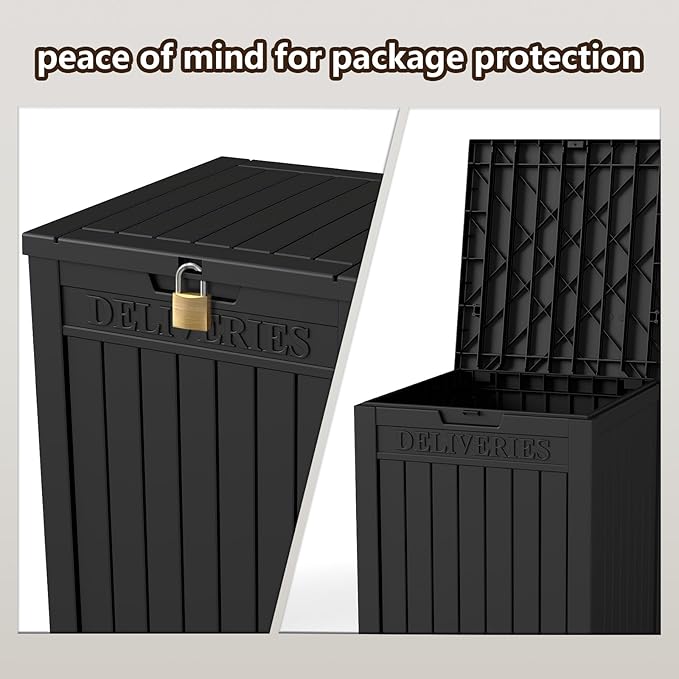 48 Gallon Large Package Delivery Box,Storage Box with Lockable Secure,Double-Wall Resin Outdoor Package Delivery and Waterproof Deck Box for Porch, Curbside (Black)