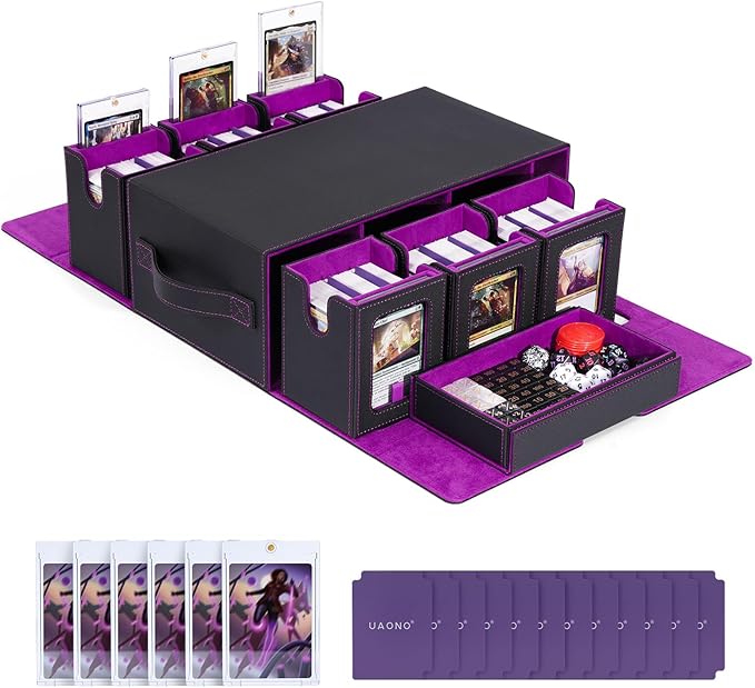 Commander Deck Box for MTG, 6-Deck Modular Card Case with Dice Tray Holds 600+ Double-sleeved Cards, Removable Trading Cards Storage Box with 35PT Magnetic Card Holders for TCG, Black Purple