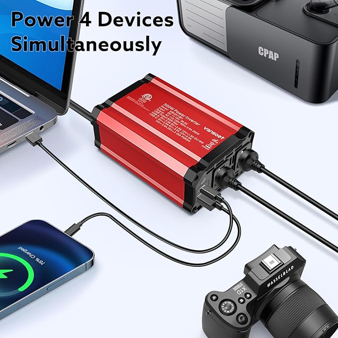 300W Power Inverter 12V DC to 110V AC, vansoet Fast Car Charger Plug in Adapter Outlet with PD 65W USB-C&QC 18W Port, Portable Power Converter for Laptop Vehicles Camping Road Trip Essentials Adults