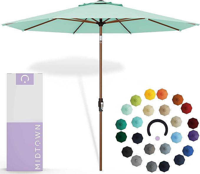 Midtown Umbrellas Sunbrella Umbrella Outdoor Patio Umbrella 2-9 Feet in Canvas Glacier Acrylic Fabric, Auto-Tilt Aluminum Frame For Backyard Umbrella, Deck Umbrella & Porch Umbrella - Wooden Pole