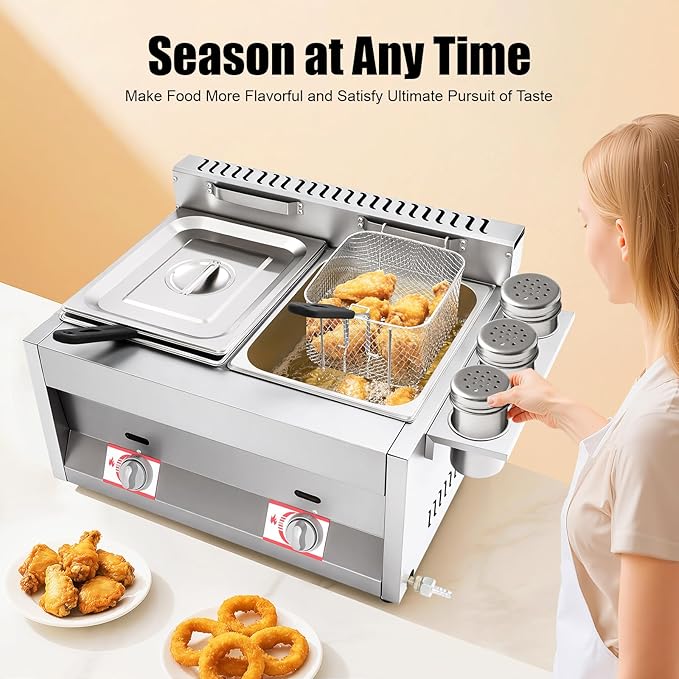 Stainless Steel Low Pressure Gas Deep Fryer with Frying Baskets and Lid, 12.7QT/12L Capacity Countertop Deep Fryer Oil Frying Pot Kitchen Frying Machine Table Snack Fryer Double Cylinder Gas Fryer