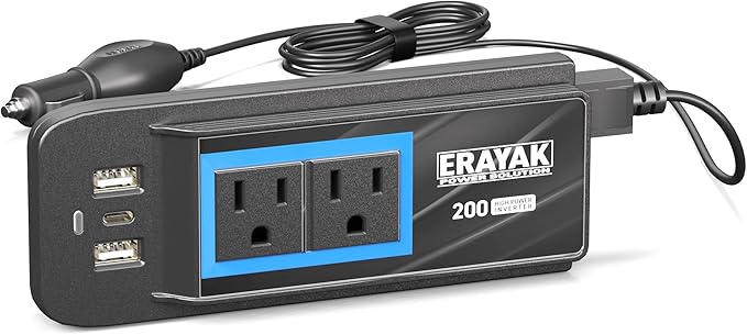 ERAYAK 200W Car Power Inverter, 12V to 110V Cigarette Lighter Adapter to Wall Plug, with AC Outlets & USB C Fast Charger, Car & Truck Accessories for Road Trips