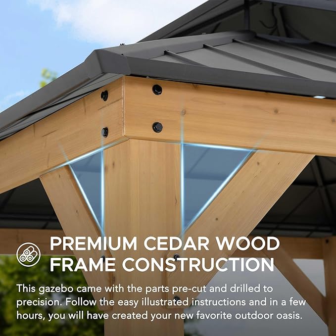 SUNJOY 11 x 11 ft. Wood Gazebo Standard Cedar Framed Gazebos with Black Double Steel Hardtop Roof for Garden, Backyard Shade, Matte Black Roof + Natural Wood Frame