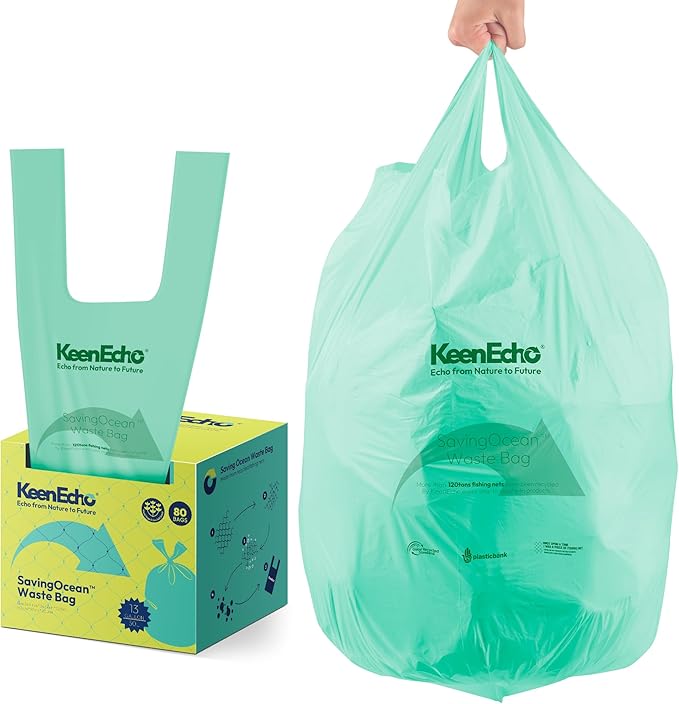 13 Gallon 80 Counts Small Green Trash Bags with Handle, Ocean Fishing Nets Upcycling, Sage & Sea Salt Scented, Plastic Garbage Bags, Waste Bag for Kitchen, Bathroom, Office and Pets