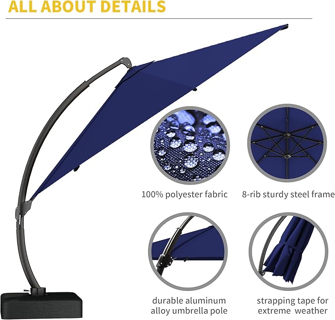 Kingdura 12ft Offset Cantilever Patio Umbrella with Base Included, Large Round Aluminum Outdoor Umbrella, 360° Rotation & Infinite Tilt, Heavy Duty Frame for Deck Pool Backyard, Navy blue