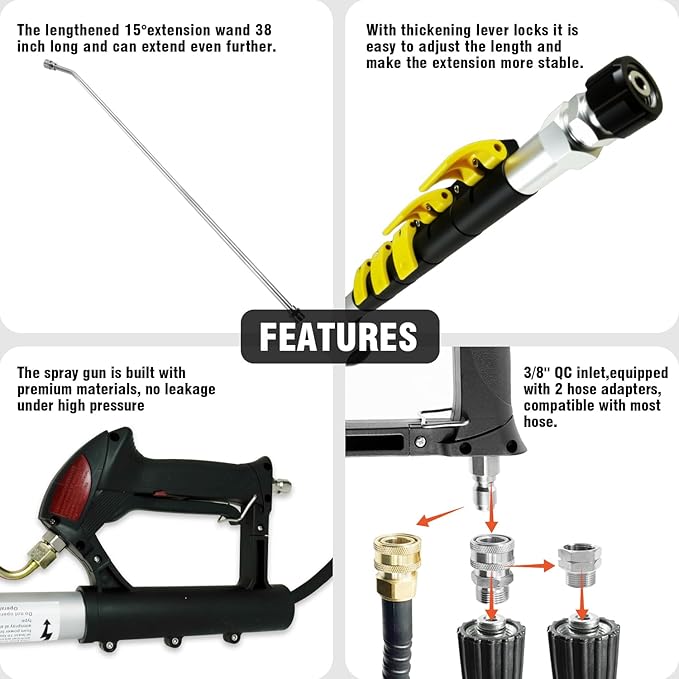 JANZ 25 FT Pressure Washer Telescoping Wand with Power Washer Extension Wands, Brush Head, Gutter Cleaner, 7 Spray Nozzle Tips, 2 Hose Adapters and Support Belt