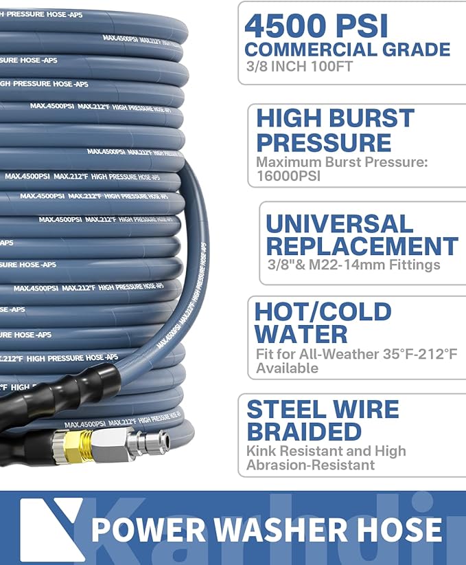 Pressure Washer Hose 100FT 3/8" for Cold and Hot Water 212°F, with Swivel Quick Connect, 4500PSI Kink Resistant Grade Steel Wire Braided, Power Washer Hose With 2pcs M22-14mm Adapter