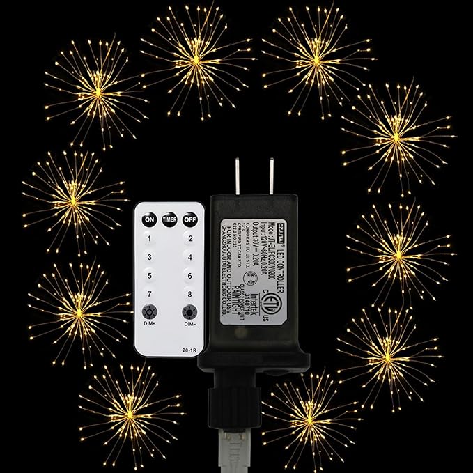 Remote Firework LED Copper Wire Starburst Lights - 10 Connection 600 LED Fairy Twinkle String Lights - 8 Modes With Remote Control, Dimming, Timer (Warm White)
