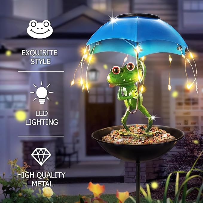 Solar Bird Feeder Frog Garden Decor, Outdoor Solar Lights Frog Figurine Lights with Umbrella, Hummingbird Feeder Decorative Path Lights Yard Art Ornament Bird Feeder (Frog)