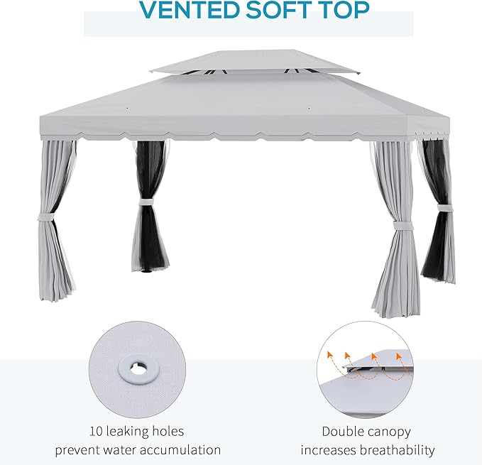 Outsunny 10' x 13' Patio Gazebo, Outdoor Gazebo Canopy Shelter with Netting and Curtains, Aluminum Frame for Garden, Lawn, Backyard and Deck, Light Gray