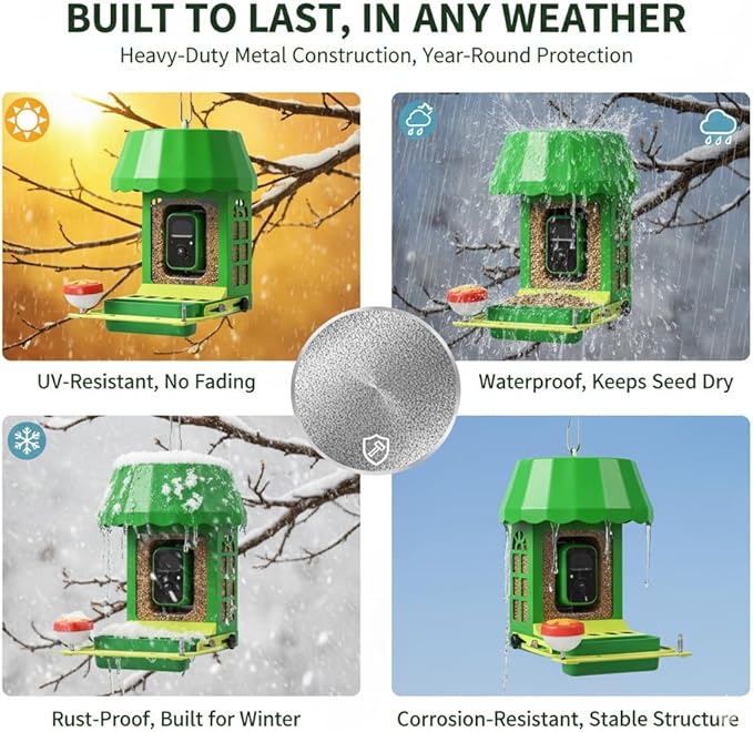 Avinory Metal Smart Bird Feeder with 2K HD Camera with Pole Dia 1 in,Solar Powered,AI Identification for 12000+ Species,2.4GHz Wireless,Squirrel-Proof Design,Chew-Proof,Easy Setup for Outdoor Garden