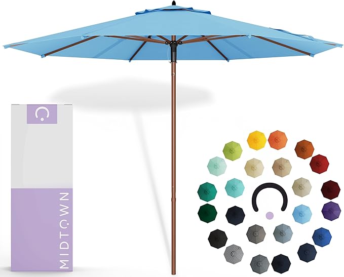 Midtown Umbrellas The Wooden 9 Feet Patio Umbrella With Sunbrella Capri Acrylic Fabric - Aluminum Frame Market Umbrella For Backyard, Deck, Garden, Pool - Wooden Pole