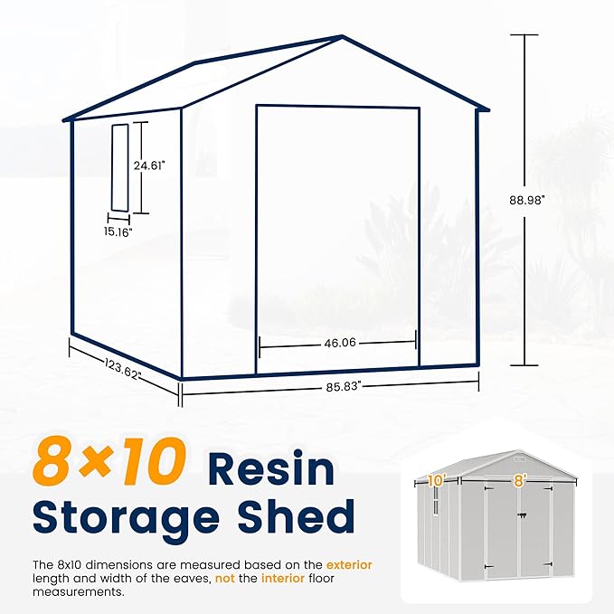 DPATIO Resin Storage Shed 8 x 10 FT, Outdoor Garden Sheds with Floor Plastic Patio Outdoor Storage with Lockable Door for Bike, Garbage Sandstone