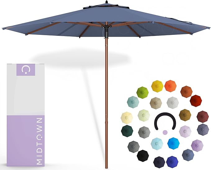 Midtown Umbrellas The Wooden 10 Feet Patio Umbrella With Terylast Light Navy Polyester Fabric - Aluminum Frame Market Umbrella For Backyard, Deck, Garden, Pool - Wooden Pole