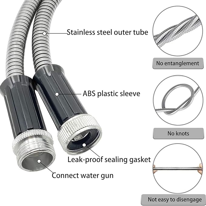 50ft Metal Garden Hose Stainless Steel Heavy Duty Water Hose With 2 Nozzles, No Tangle and Kink, Lightweight & Flexible, Tough and Pet Proof, Metal Garden Hose for Yard, RV, Garden, Outdoor