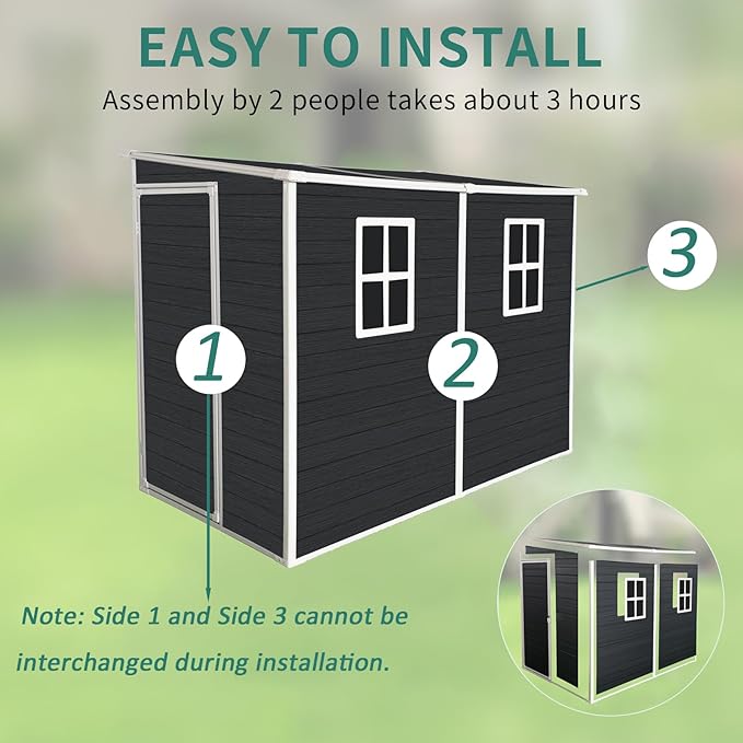 LANTRO JS Outdoor Storage Shed with Floor Included, 4x8FT Plastic Storage Shed with Floor with 2 Windows and Lockable Door, Backyard Storage Sheds for Garden Tools, Bike