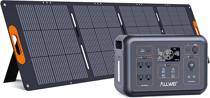 ALLWEI LiFePO4 Solar Generator 1200W(2400W Peak) with 1 * 200W Solar Panel, Fast Charge in 1.5Hrs, 1008Wh Portable Power Station, 4 AC Outlet, UPS Mode, Power Generator for Camping Outdoor Emergency