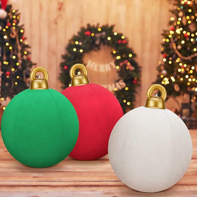 Jetec 3 Pcs 32 Inch Giant Velvet Christmas Inflatable Balls Ornament Flocked Xmas PVC Inflatable Flocked Ball Ornaments for Christmas Holiday Outdoor Blow up Yard Decor(Red, Green, White)