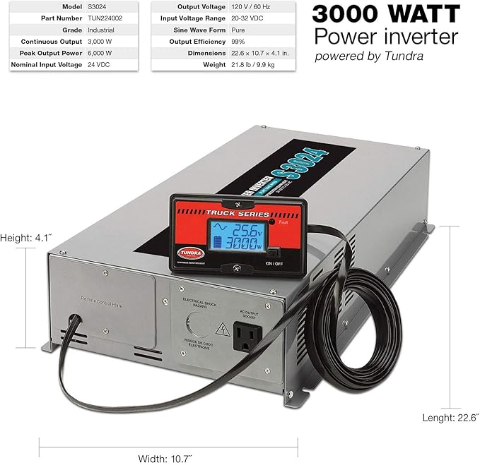 Tundra S Series - DC/AC Truck Power Inverter - Pure Sine Wave 3000W / 24V DC to 120V AC - S3000