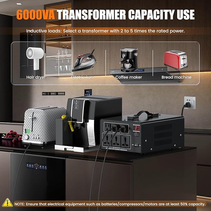 6000W Voltage Converter Transformer Step Up 110V/120V to220V/240V or Step Down 220V to 110V AC Power Converte, Circuit Breaker Protection, 3 US sockets, 3 Universal sockets, LCD Display