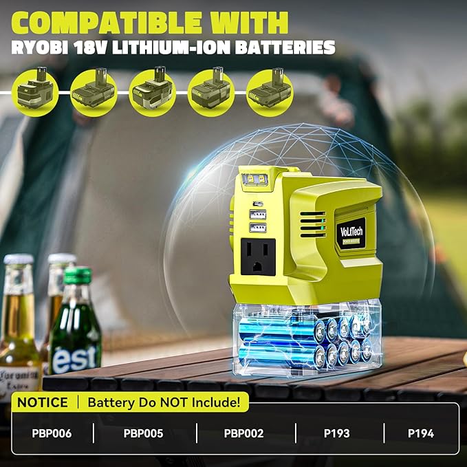 Real 200W Power Inverter Compatible with Ryobi 18V Battery, 18V to 110V-120V, Portable Phone Charger with USB Charger Adapter, 2 USB Ports & 1 Type-C & 1 AC Outlet (No Battery)