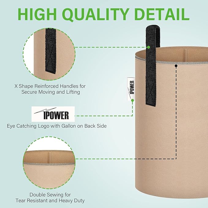 iPower 5-Pack 3 Gallon Plant Grow Bags Thickened Nonwoven Aeration Fabric Pots Heavy Duty Durable Container, Strap Handles for Garden, Tan