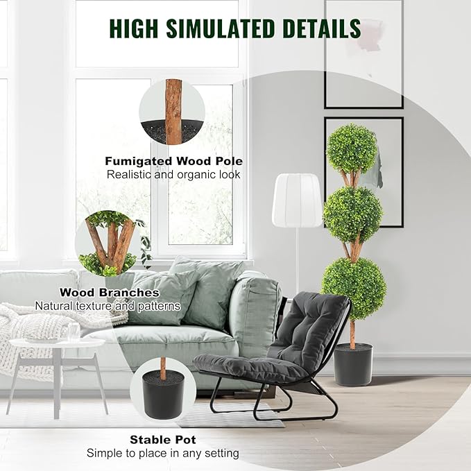 VEVOR Artificial Boxwood Topiary Tree, 48 inch Tall (2 Pieces), Triple Ball-Shaped Faux Topiary Tree, Green Faux Plant with Replaceable Leaves & Pot for Decorative Indoor/Outdoor/Home/Office