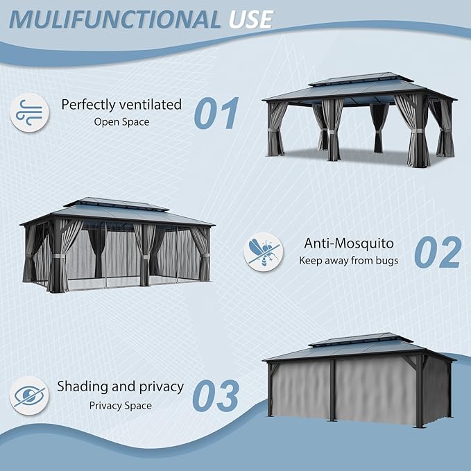 Aoxun 12'x20' Hardtop Gazebo, Aluminum Frame Permanent Pavilion with Curtains and Netting, Outdoor Polycarbonate Double Roof Canopy, Designed for Patio, Garden, Lawns, Gray