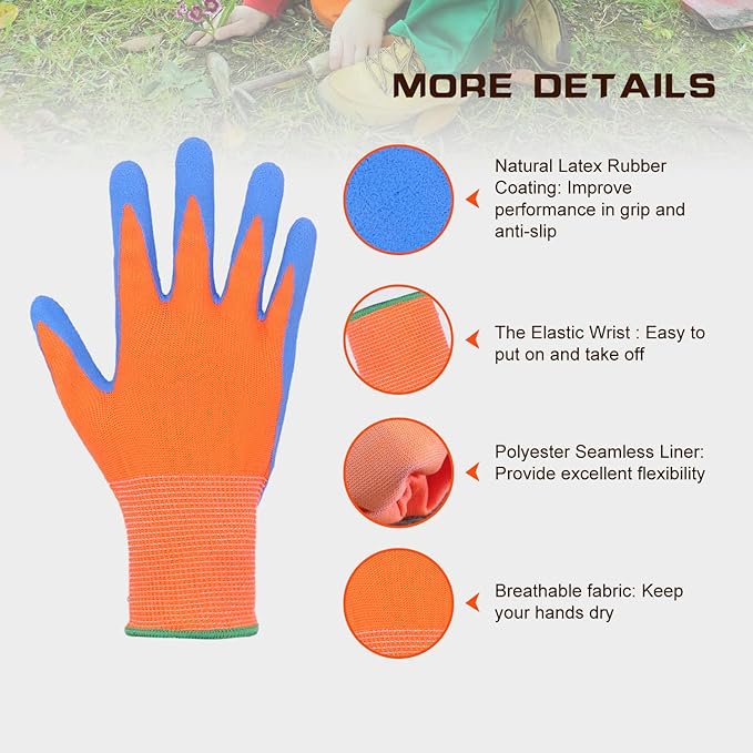 HANDLANDY 3 Pairs Kids Gardening Gloves Latex Free, Nitrile Coated Children Toddler Garden Yard Work Gloves for Little Girls Boys (Size M, Black-Orange)