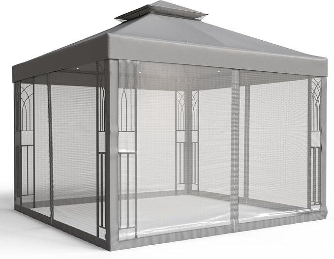 COOS BAY 10x10 Outdoor Patio Gazebo with Netting and Corner Shelves, Two-Tier Soft Top Canopy for Backyard, Lawn, Deck and Garden, Gray