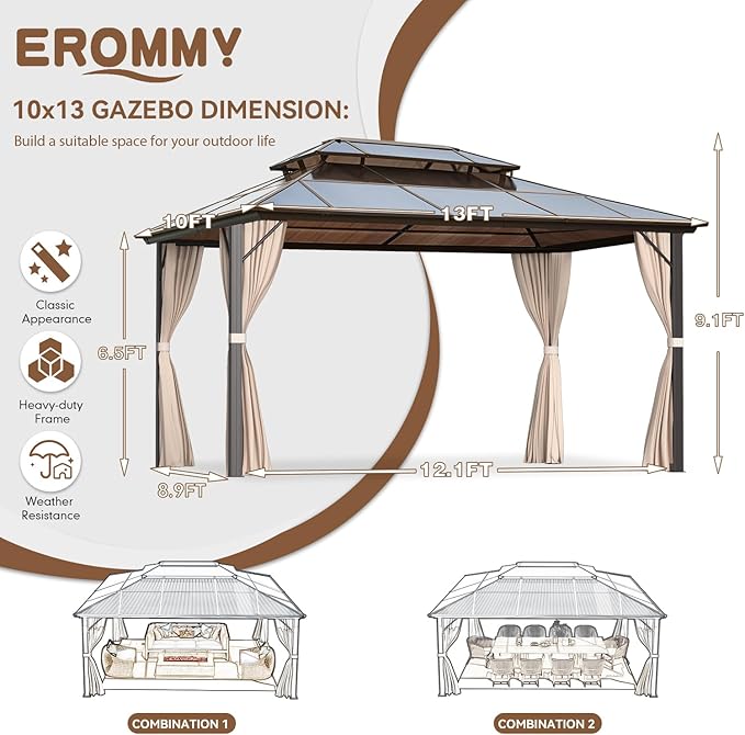 EROMMY 10' x 13' Gazebo Polycarbonate Double Roof Canopy Outdoor Aluminum Frame Pergola, Permanent Pavilion with Netting and Curtains for Garden Patio Lawns Parties