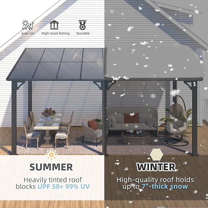 AECOJOY 16' x 8' Gazebo Outdoor Pergola for Patio, Hard Top Lean to 8x16 Gazebo Shelter Pergolas and Gazebos Clearance with Patio Roof, Large Wall-Mounted Heavy Duty Awnings for Patio, Decks, Backyard