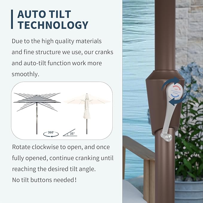 PatioKingdom Auto-Tilt 9FT Patio Umbrella Outdoor with 8 Sturdy Fiberglass Ribs,Market Table Umbrella for Pool,Backyard,Deck and Garden