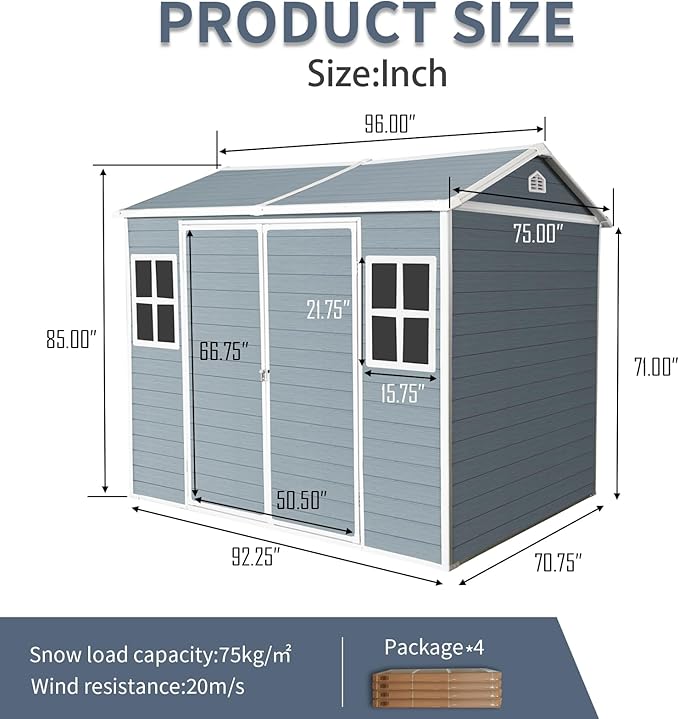 6x8ft Resin Outdoor Storage Shed with Floor, Two Windows & Lockable Door – Durable Weather-Shed for Backyard, Patio, Garage (Grey) (1 Doors)