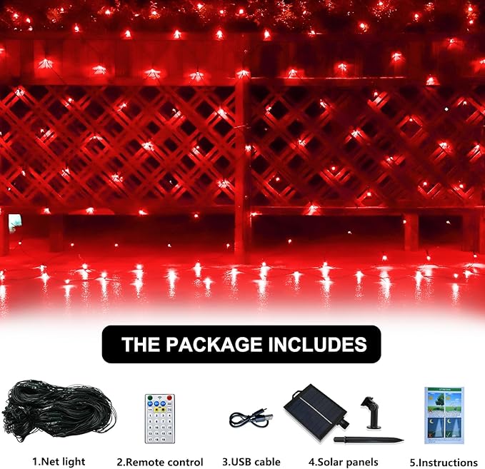 Solar Net Lights Outdoor Mesh Lights Christmas Decorations, 200LED String Tree Wrap Waterproof 19 Modes for Bushes, Fence,Garden, Shrubs,Trunk, Halloween,Xmas Decor (Red, 9.8ft x 6.6ft)